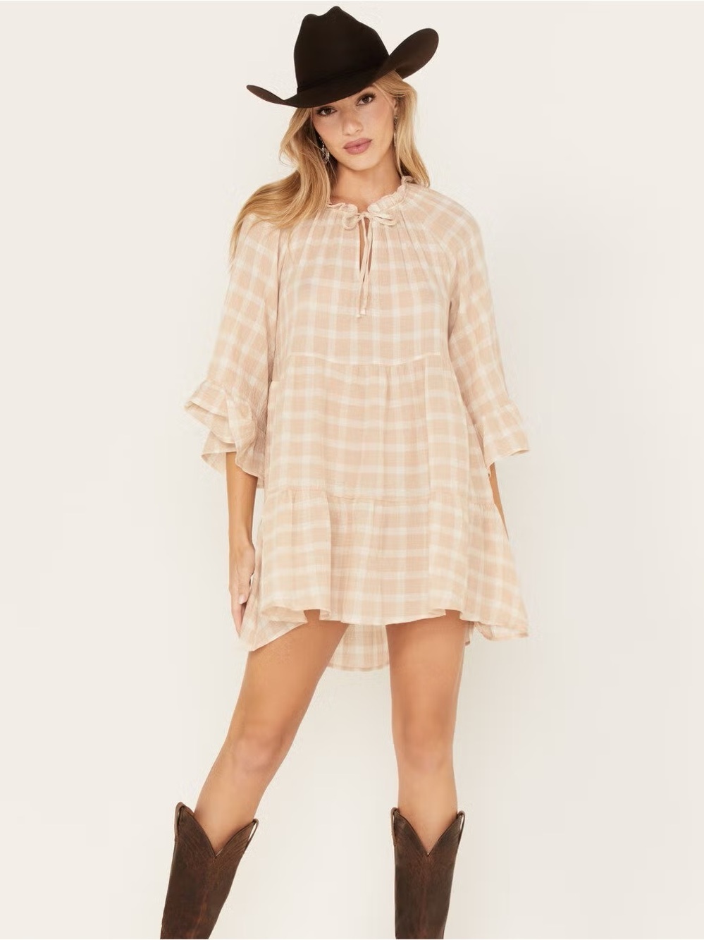 Show Me Your MuMu Viola shift dress in a cream plaid cotton gauze